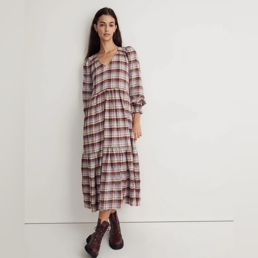Madewell V-Neck Tiered Midi Dress in Plaid